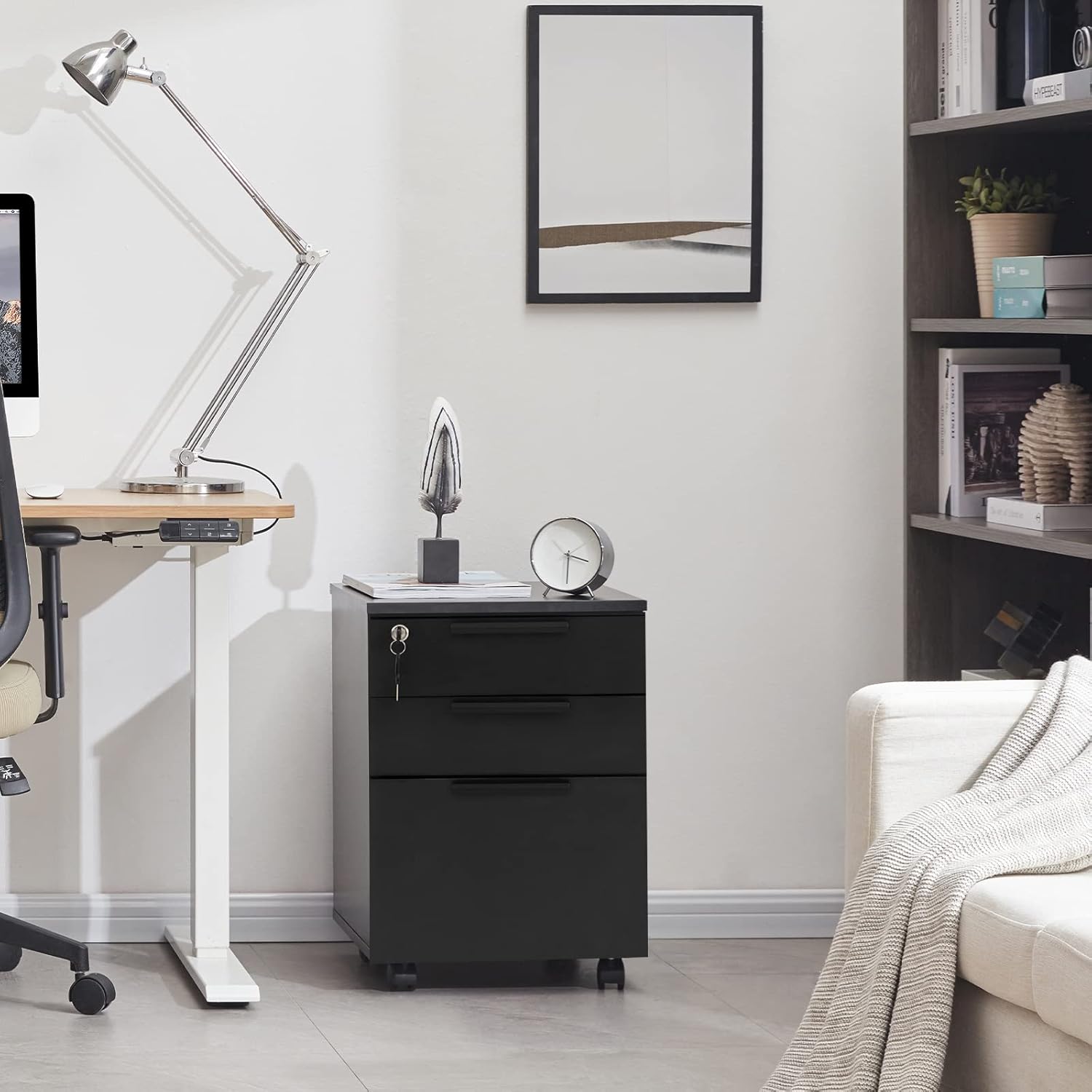 Farini File Cabinet with Lock Storage Cabinet 3 Drawers lateral File Cabinets for Home Office Organization Printer Stand Fully Assembled Black : Office Products