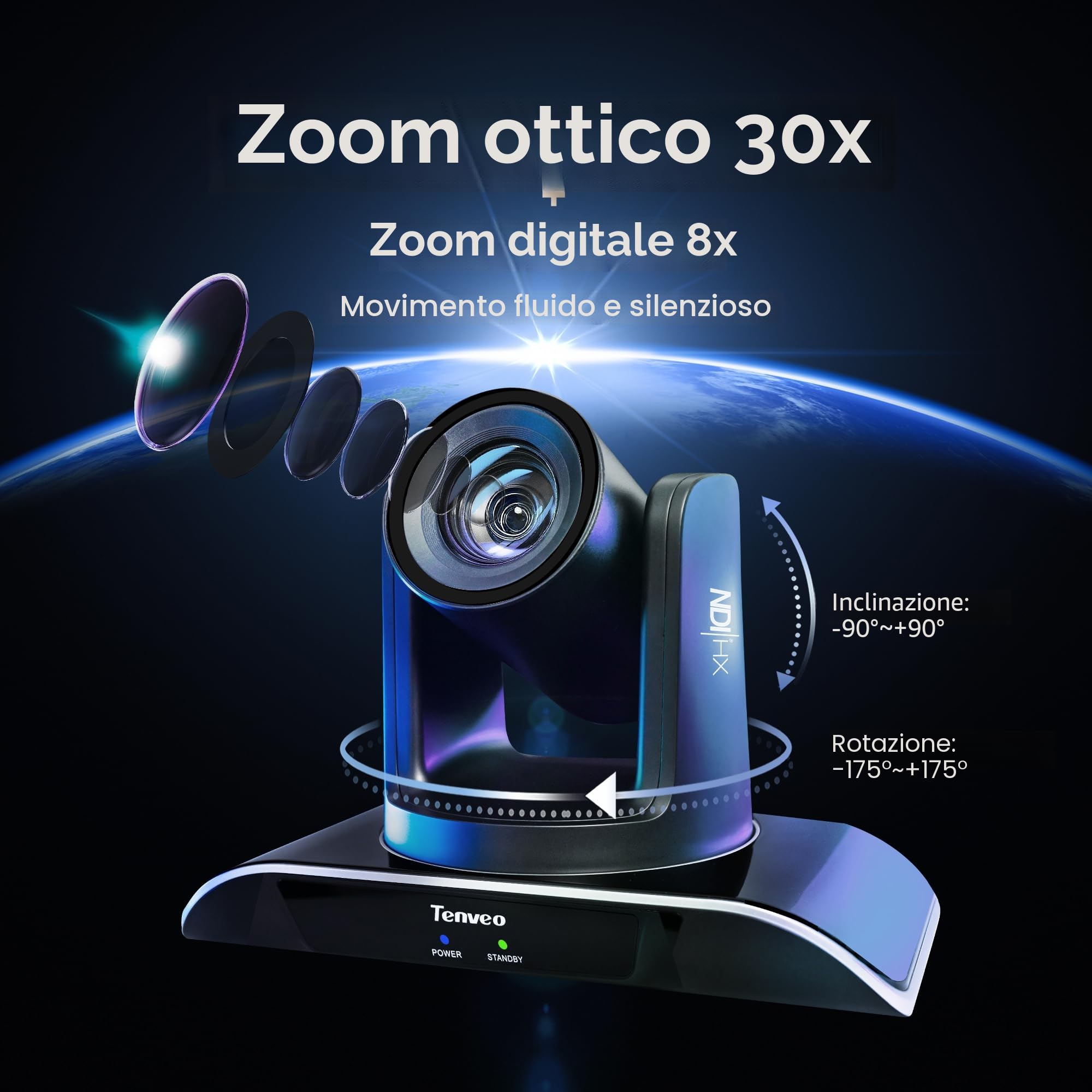 Tenveo Telecamera PTZ NDI Zoom Ottico 30X Digitale 8X SDI/HDMI/USB3.0/LAN PoE Telecamera IP per Streaming Live 1080P 60FPS Tracciamento Automatico AI per Chiesa Grandi Eventi Skype Zoom YouTube OBS