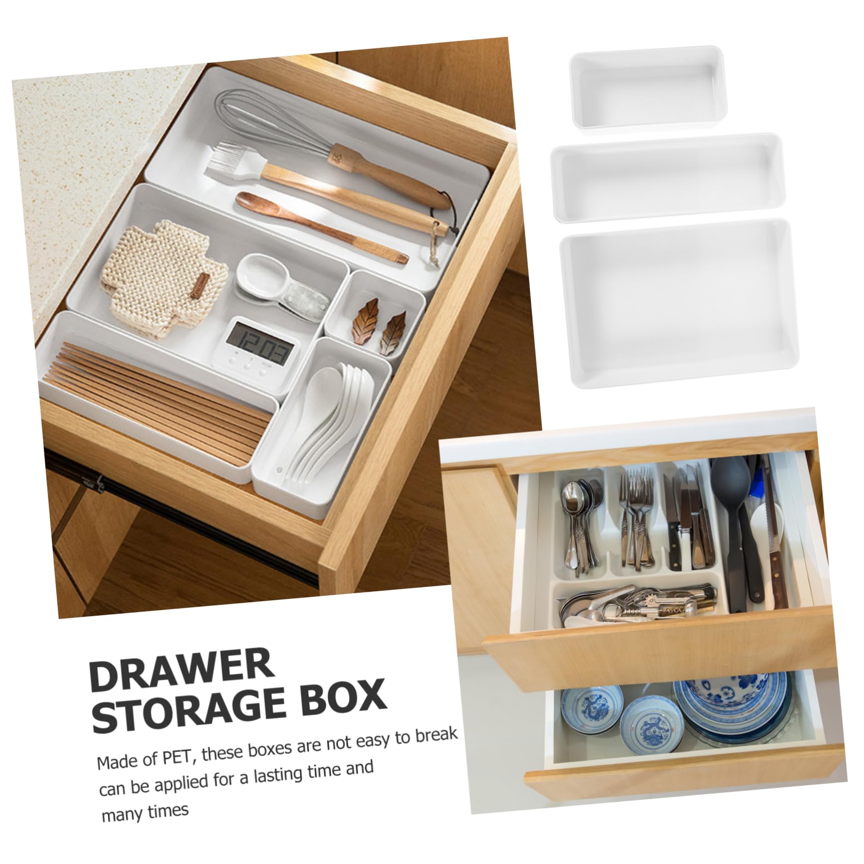 Caja de Almacenamiento para Cajones de Escritorio, 3 Piezas Pet Blanco | Diseño Simple de Esquinas Redondeadas, Fácil de Limpiar, Uso Versátil, para Cocina y Oficina