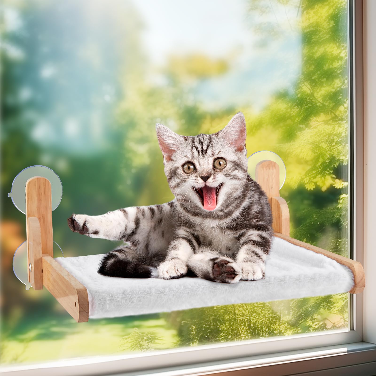 Cat Windows Perches Hammock-seat Furniture-Bad – Natural Wooden cat Window Perch, Cordless and Collapsible. Weight Capacity: Over 60 lbs.