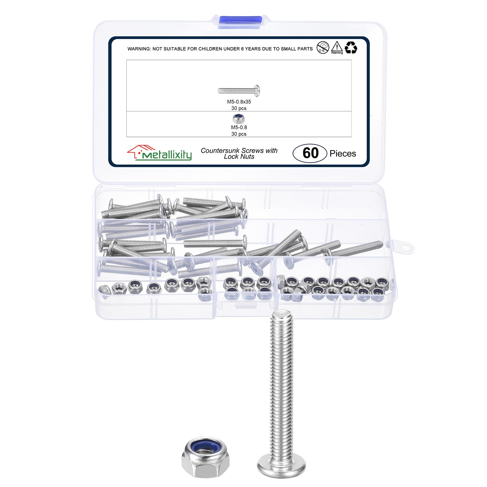 METALLIXITY Crib Screws Replacement Set(M5-0.8x35) 60Pcs, Silver Tone, 304 Stainless Steel Hex Socket Furniture Bolts Screws
