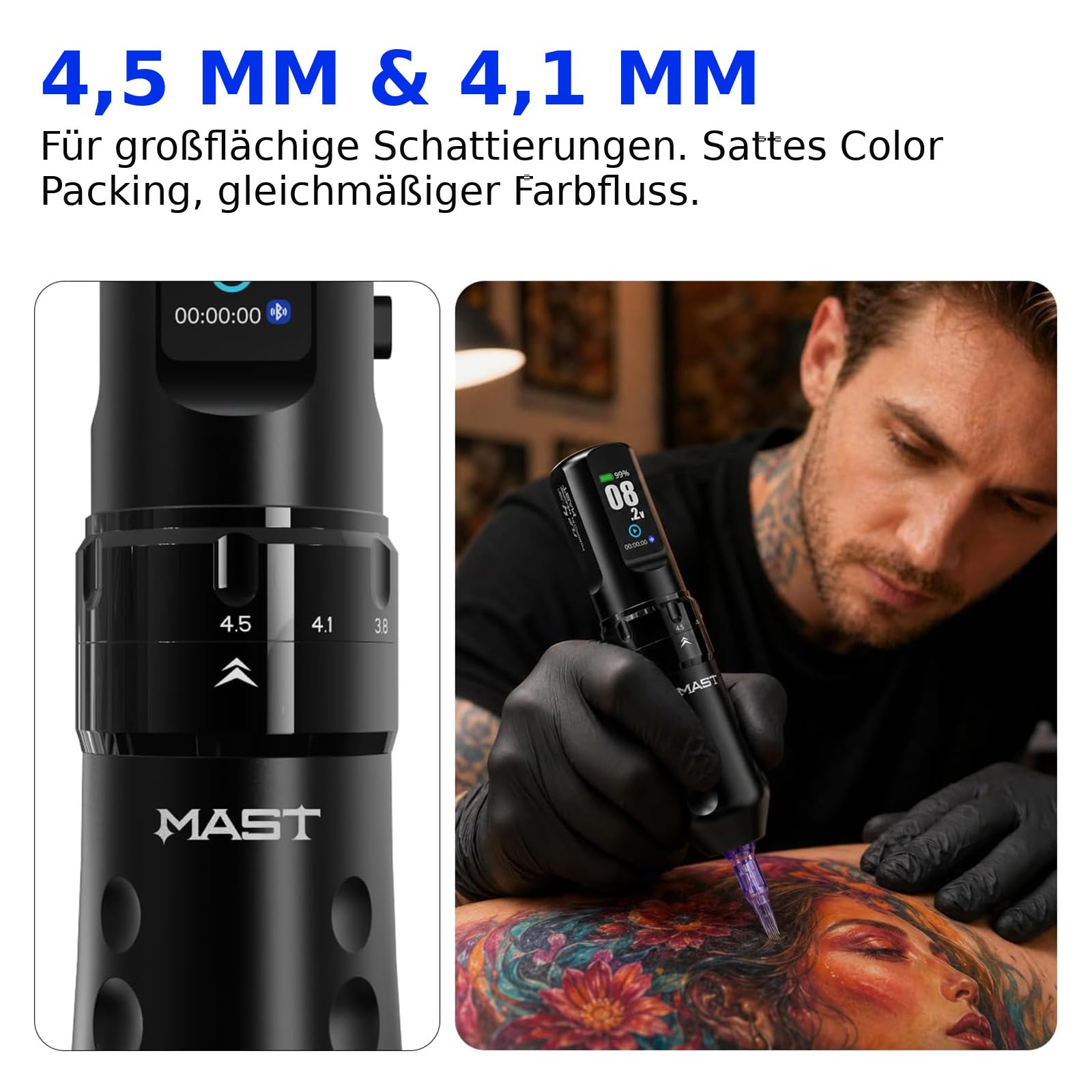 Mast Tattoo Flip4 Pro Kabellose Tattoo Maschine mit 7 Hub 2.5-4.5mm | Mcore C1.1 Motor,2 Akku 2000mAh Akku Tätowiermaschine für Profis Schwarz