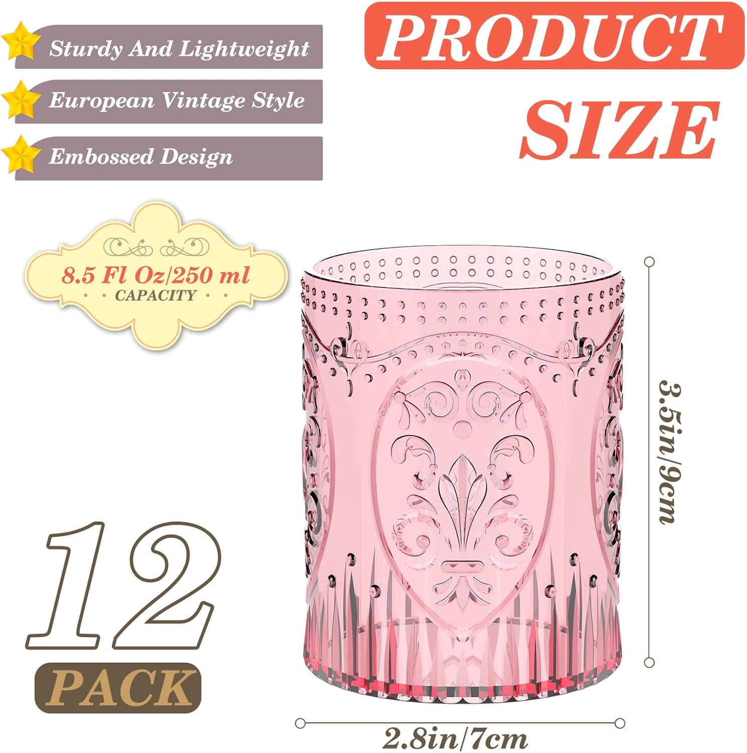 Qinyoung 12 Plastic Vintage Drinking Glasses 8.5oz Stemless Retro Embossed Wine Glasses Shatterproof Reusable Cups for Baby Shower Wedding Reception Grand Event Party (Pink) - Image 3