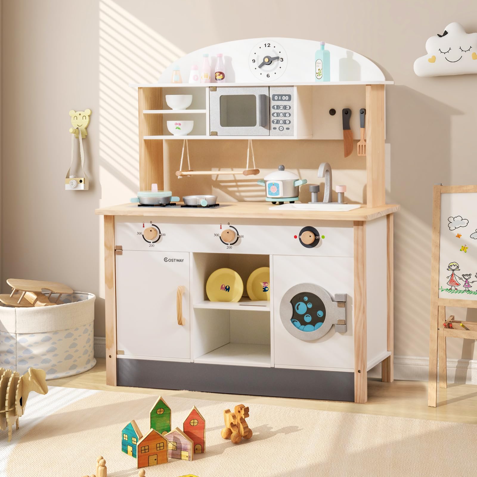 COSTWAY Kinderküche aus Holz, Spielküche inkl. 17 Zubehör, Spielzeugküche mit Mikrowelle, Waschmaschine, Waschbecker, Herde & Kochgeschirr, Holzküche für Kinder ab 3 Jahren