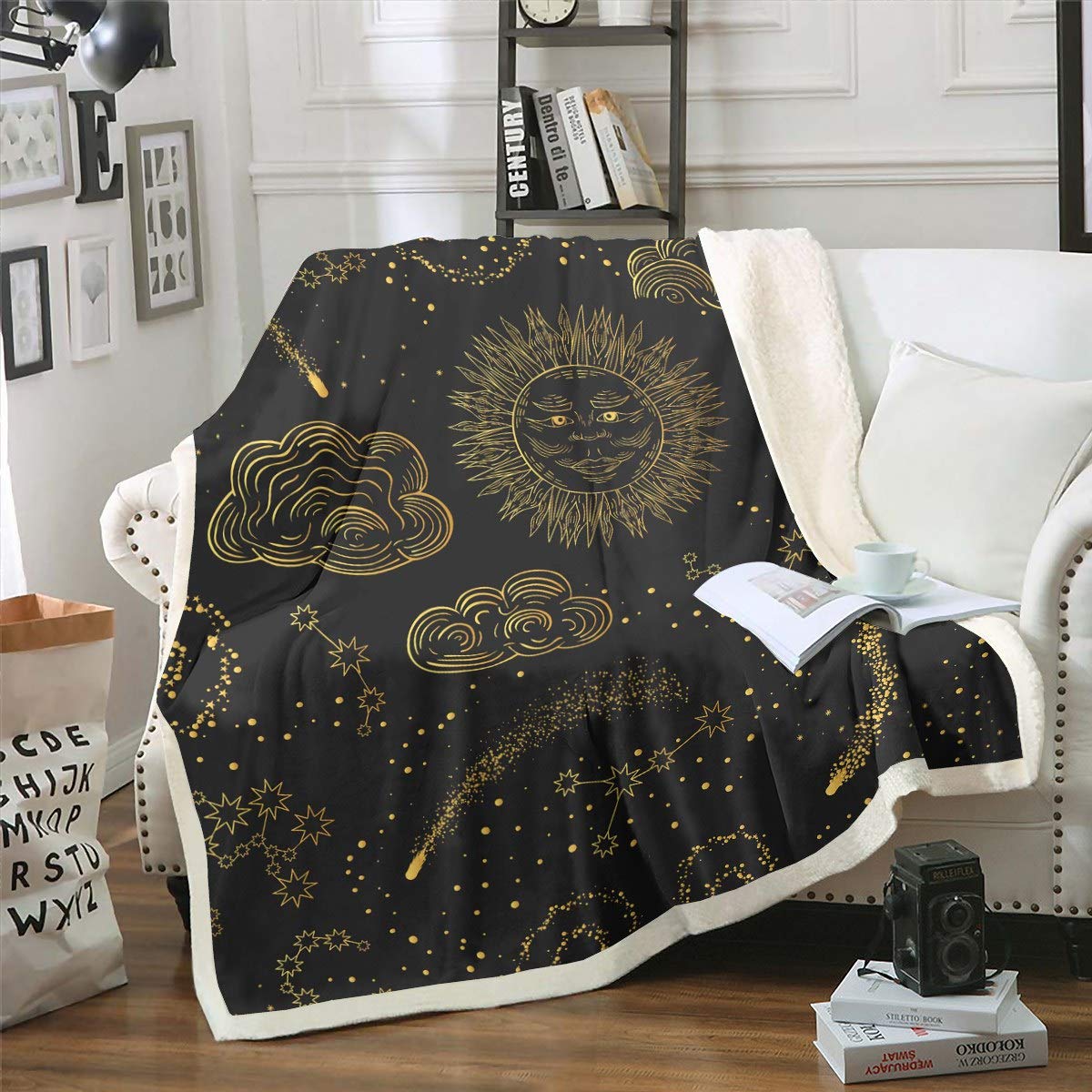 Loussiesd Sun and Star Printed Sherpa Blanket Boho Exotic Throw Blanket Bohemian Style Fleece Blanket for Couch Bed Sofa Bedroom Decor Galaxy Astrology Fuzzy Blanket Baby 30"x40"