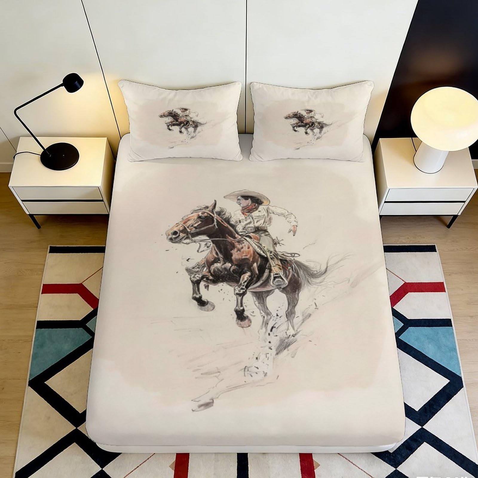 3D Printed Cowboy Horse Fitted Sheet Microfiber Beige Western Bed Cover for Bedroom Guest Room Mattress Protection Decor 160x200x25cm
