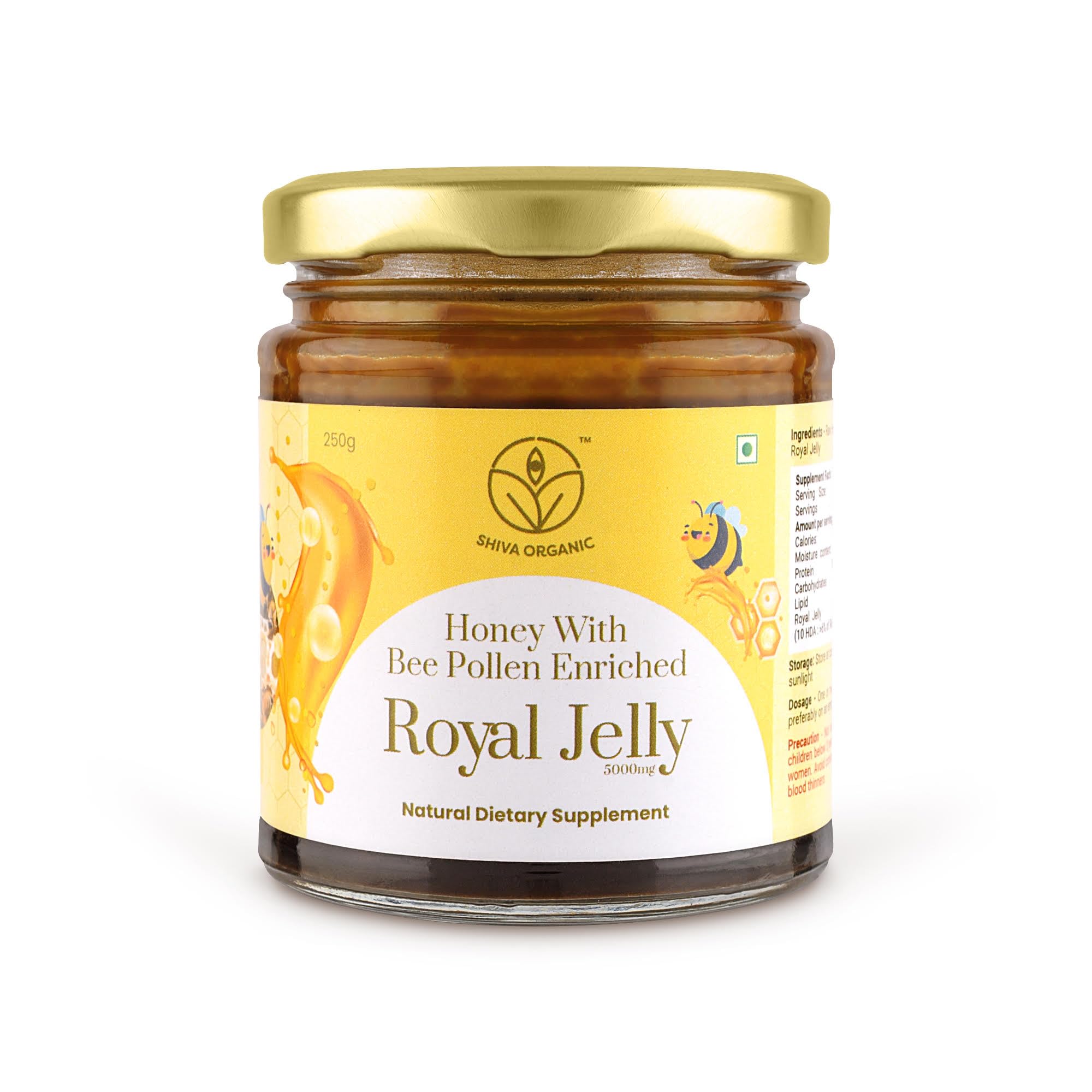 Honey with Bee Pollen Enriched 2% Royal Jelly (250g) - Premium Organic Source - Unaltered Raw Honey with Royal Jelly Infusion