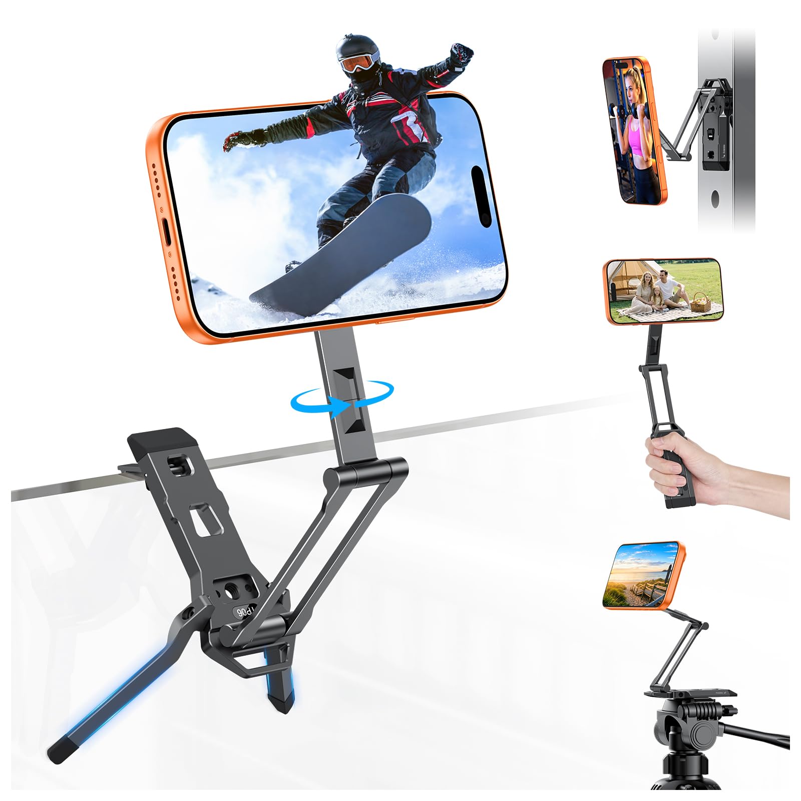 OMOTON TP06 [Equipped Lanyard] for MagSafe Tripod Hook with Magnet Back & Arca-Swiss Base, 360°Rotating with 1/4" Screw, Magnetic Phone Tripod for iPhone 17/16 Pro Max Air Fits Vlog, Travel, Gym