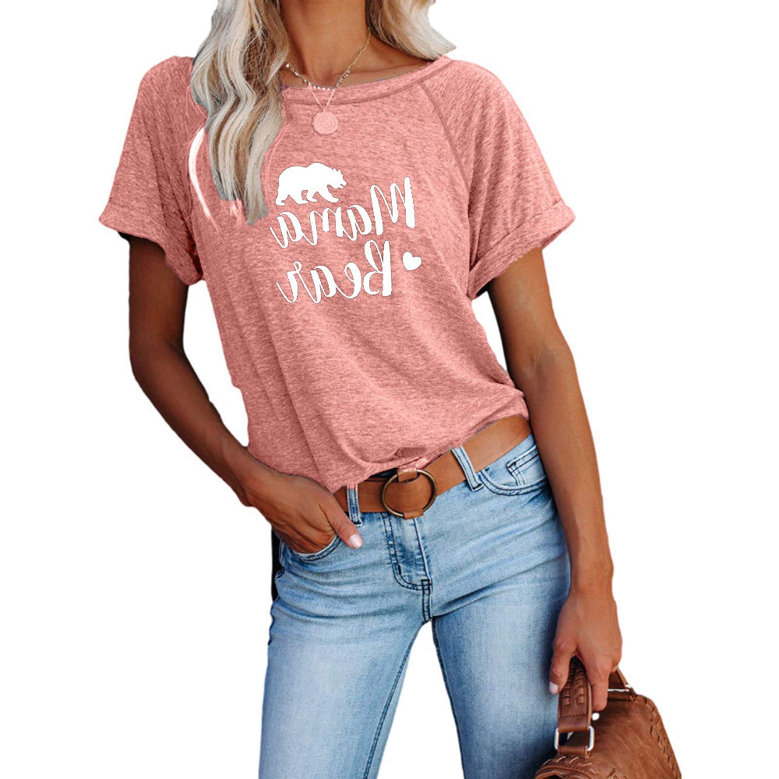 T-shirt col rond imprimé lettre coupe ample confort rose d'été femme XXL