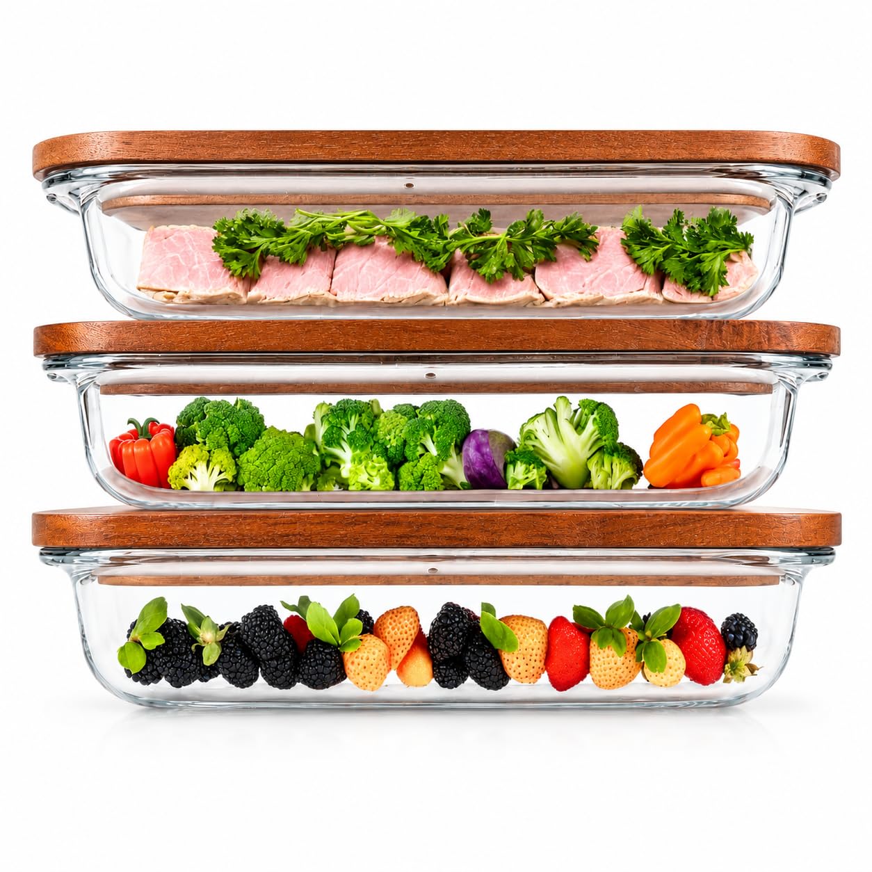 GUTHE Lifestyle Lot de 3 boîtes à charcuterie en verre pour réfrigérateur, empilables, avec couvercle en acacia, plat à gratin et rangement de saucisses et fromage