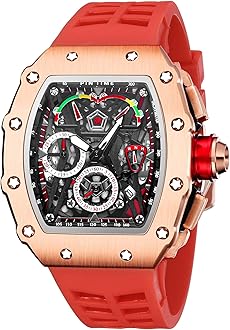 Mens Luxury Tonneau Square Watches Analog Punk Chronograph Unique Sports Wrist Watch Japanese Movement Luminous Design with Rubber Band