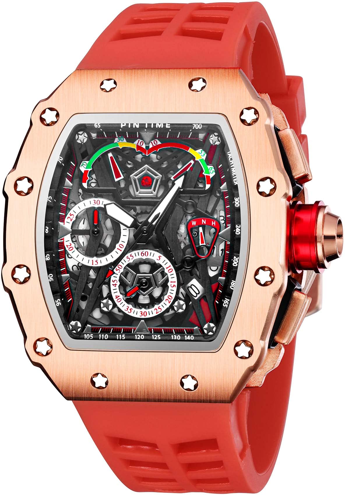 FANMIS Men's Luxury Tonneau Square Analog Punk Unique Chronograph Japanese Movement Luminous Design with Rubber Band Sports Wrist Watch (Rose Gold, Red)