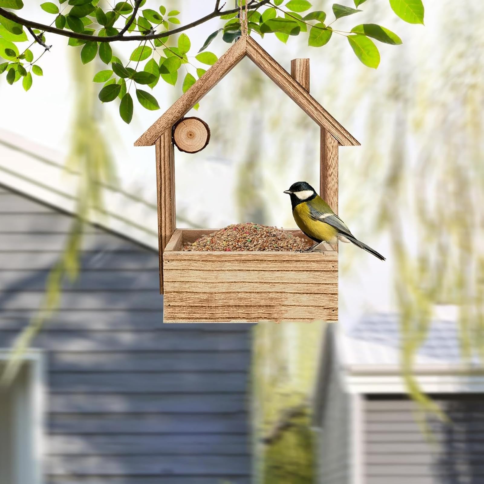 Decoración de Pared en Forma de casita para pájaros con Maceta, comedero para Aves Silvestres de Exterior, casita de Madera con Flores Artificiales