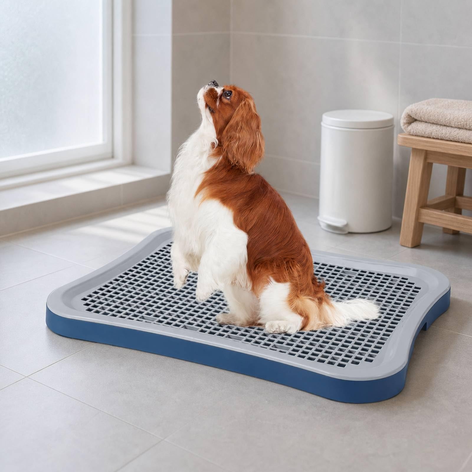 Baoblaze Plateau Toilette pour Chiens Plateau Bac Tapis Grille Surélevée pour Drainage Rapide Base Stable en PP Panneau Arrière Retenant Les Projections Adapté, Bleu, Grand