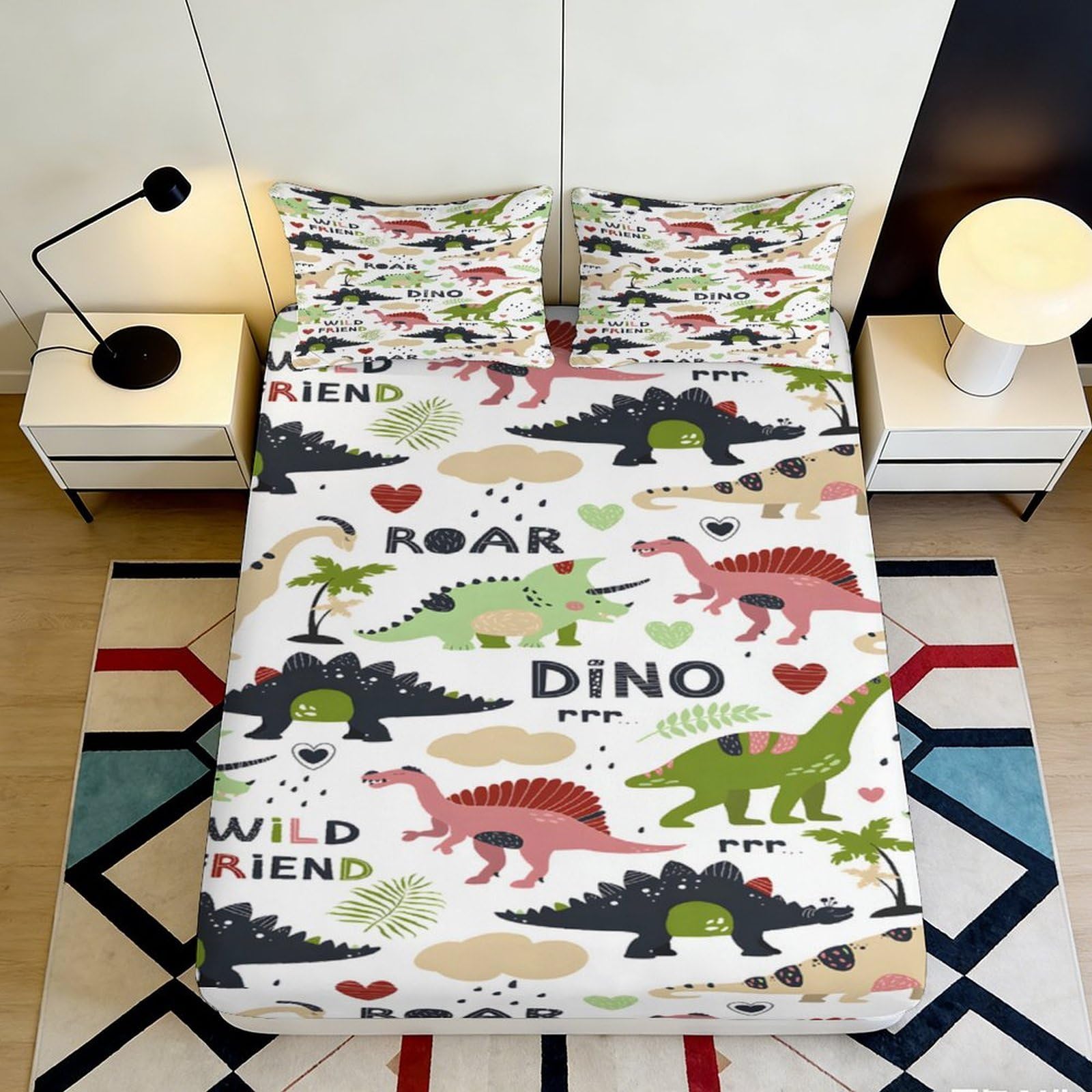 3D Printed Dinosaur Pattern Fitted Sheet Microfiber Soft Breathable Dino Roar Bed Cover for Bedroom Dormitory Guest Room Mattress Protection 200x200x25cm