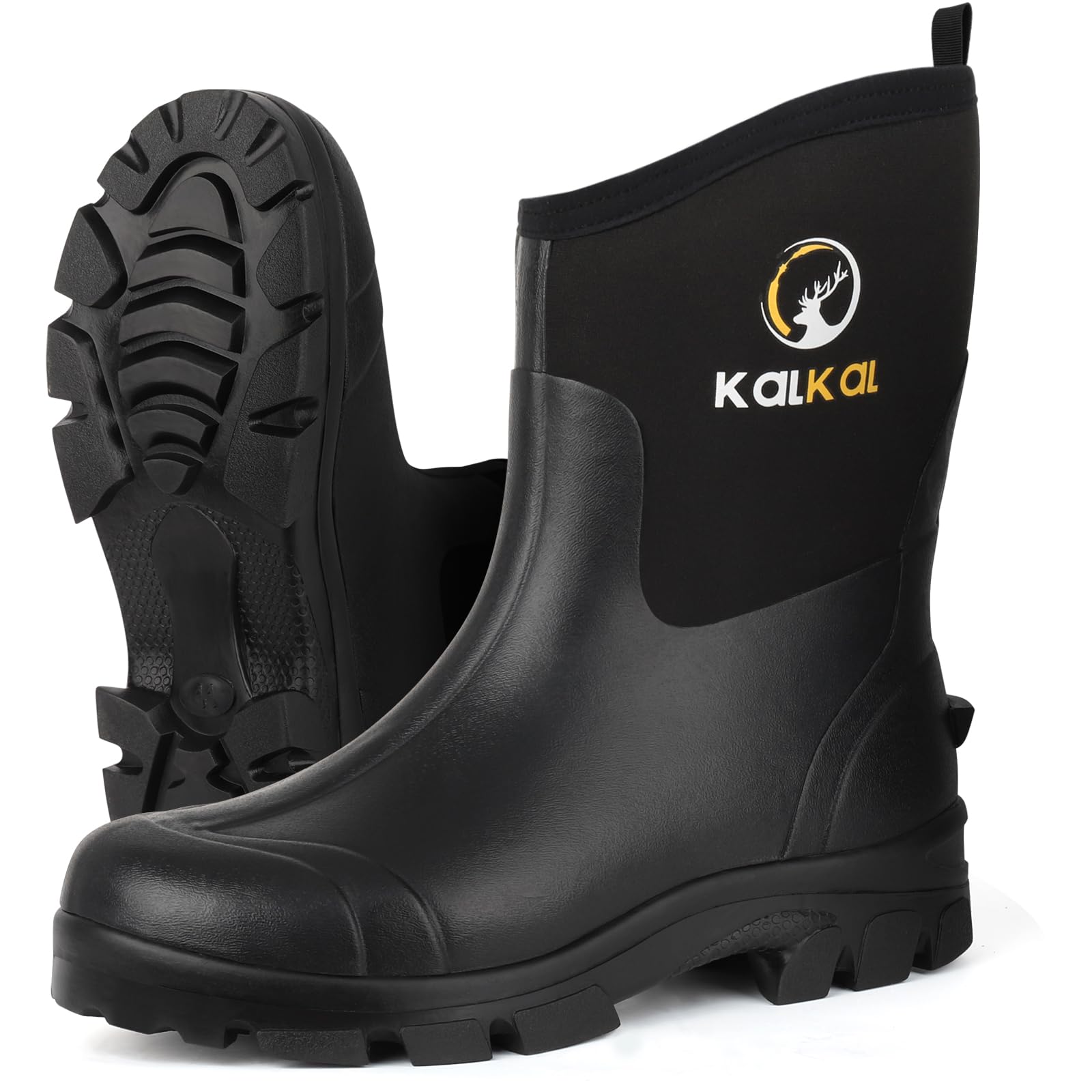 Kalkal Rubber Boots for Men, 6mm Neoprene Insulated Rain Boots with Steel Shank, Waterproof Mid Calf Rubber Work Boots For Mud Gardening Farming Fishing Hunting Working, Size 7-14