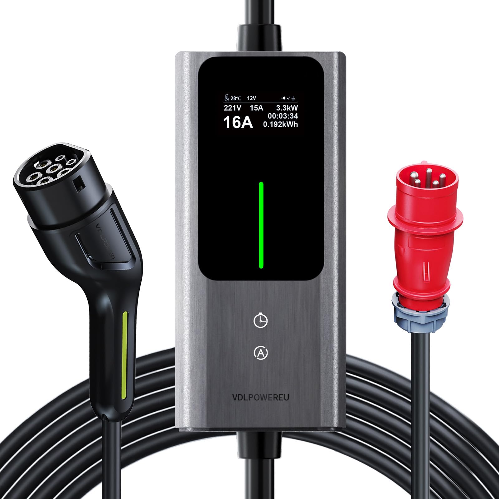 VDLPOWEREU Mobile Wallbox 11kW [3-phasig|5m|6-16A] Mobile Ladestation EV Ladekabel CEE 16A auf Typ 2 und EV Ladegerät mit Einstellbarer Strom und Einstellung Startzeit für Allen EV PHEV IEC 62196-2