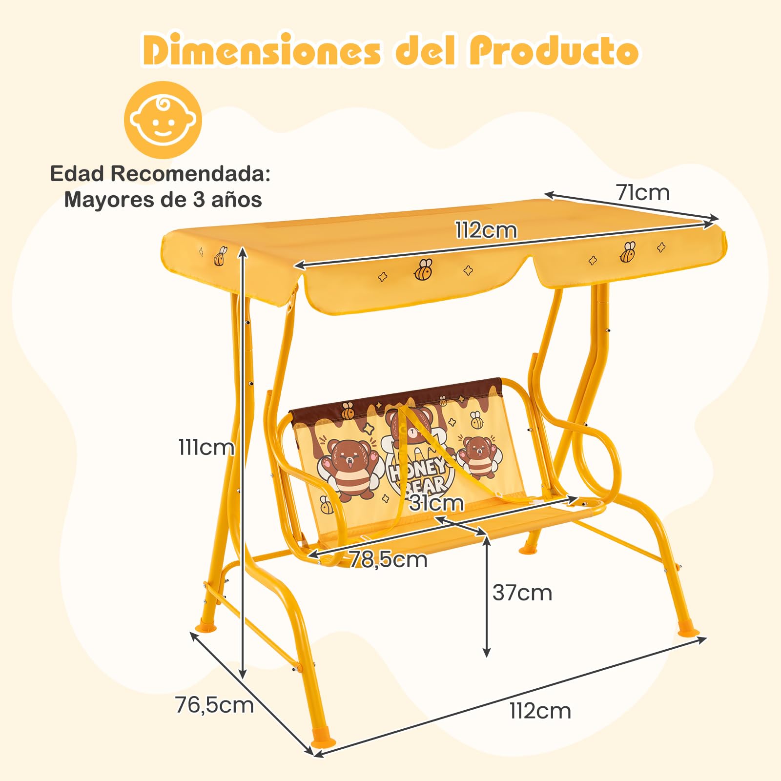 COSTWAY Columpio de Jardín Exterior para Niños de +3 Años, Balancín de 2 Plazas, Estructura Metálica, Dosel Ajustable y Cinturones de Seguridad, 112 x 76,5 x 111 cm, Carga 80kg (Naranja)