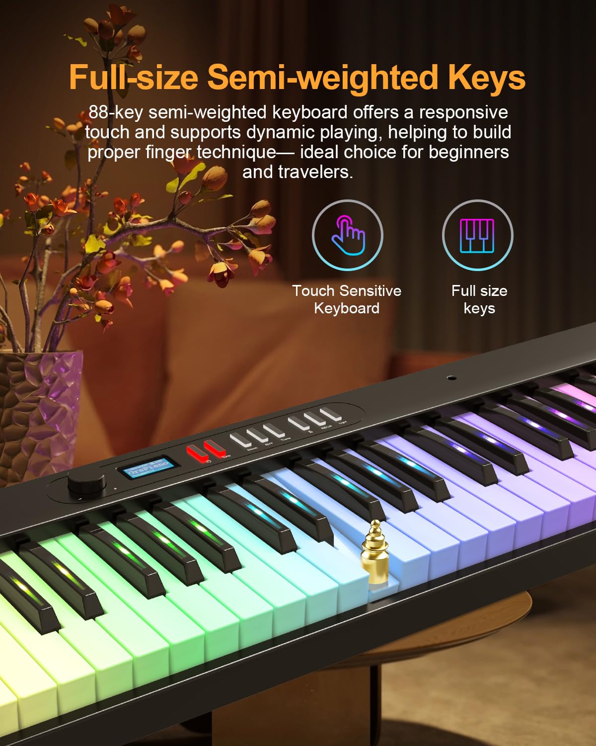 Pianoforte pieghevole a 88 tasti con tasti luminosi, FP88CL Full Size tastiera semi-ponderata per principianti, pianoforte elettrico portatile con USB-MIDI, pedale sustain, borsa per il