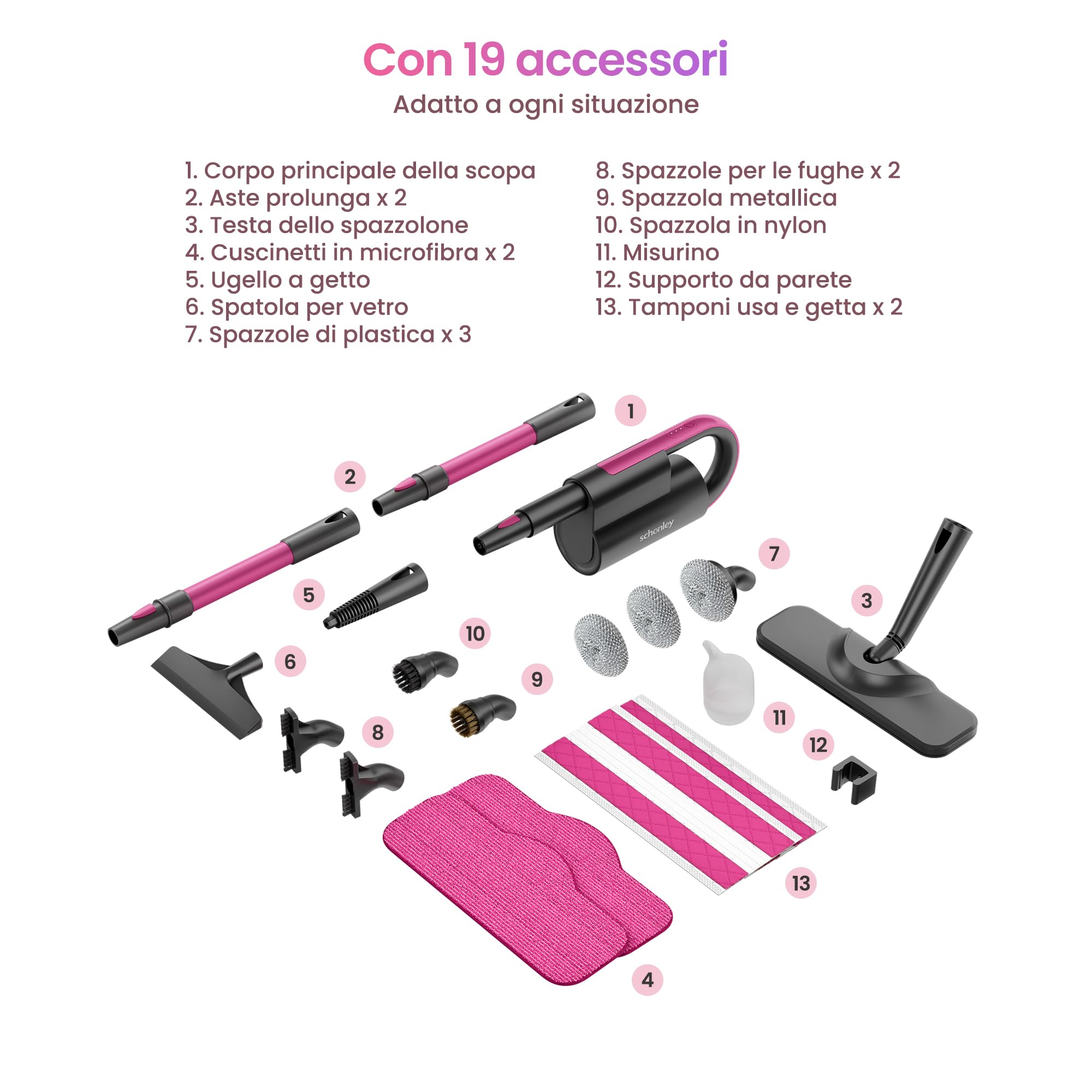 Schenley scopa a vapore 19-in-1 con vaporetto staccabile, design a doppio tubo per pavimenti, piastrelle, pareti e fughe, completo di accessori