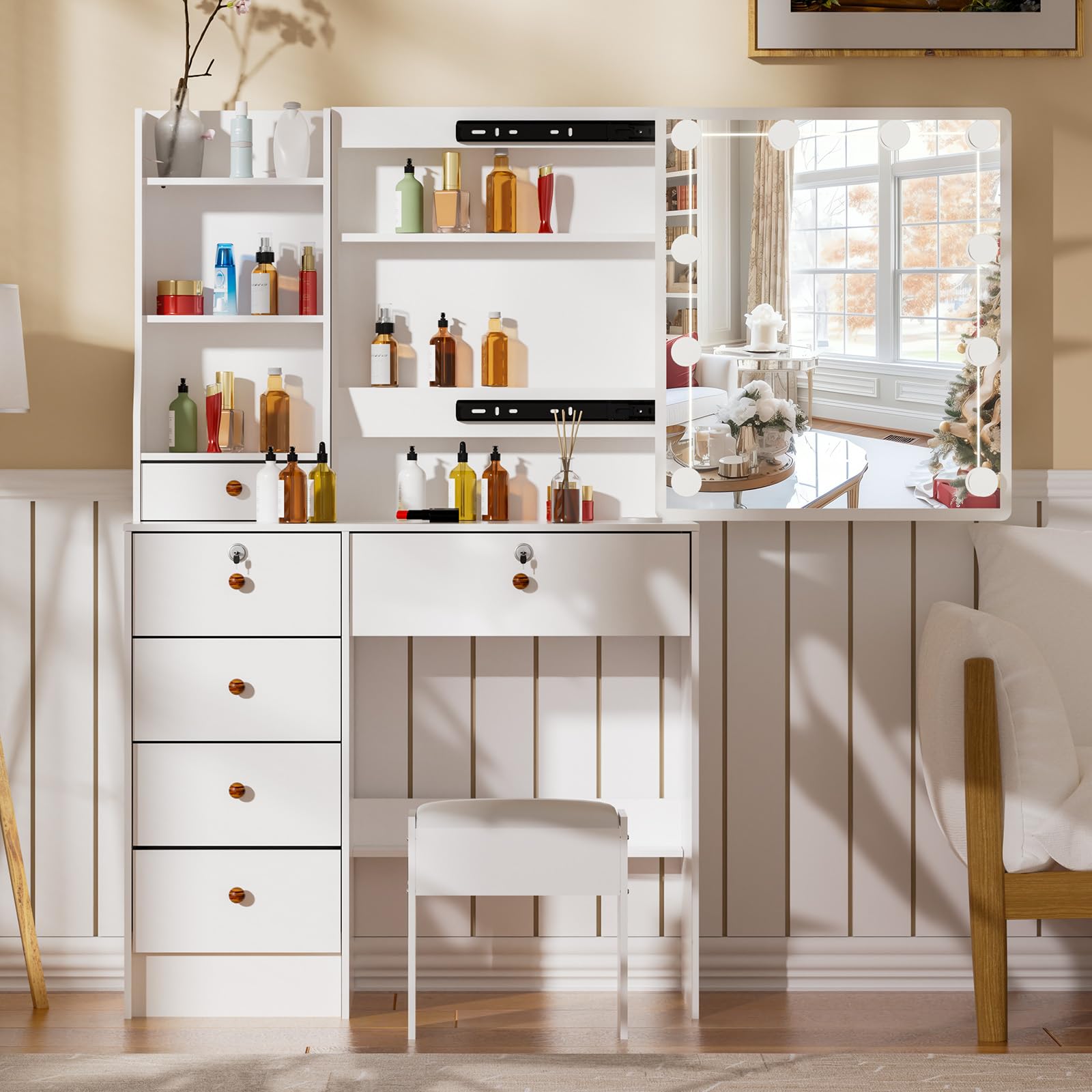 Buildonely Vanity Set with Mirror and Lights, Vanity Table with Stool, Lighted Mirror 10 Dimmable Bulbs, 6 Drawers, Makeup Vanity Desk for Girls, White Bedroom Dressing Table