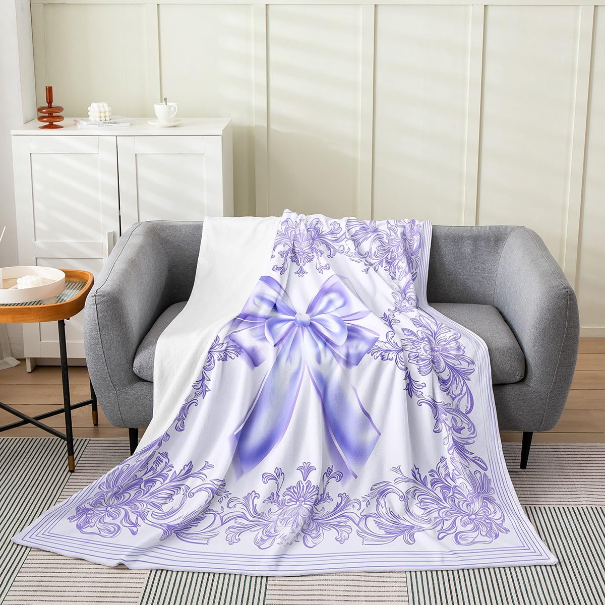 Damask Flower Flannel Blanket Luxury Ribbon Bow Fleece Throw Blanket for Room Decor,Purple BowknotBedding Set for Bed Sofa Couch,Throw 50"x60"