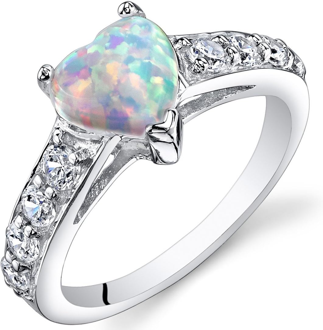 PEORA Created White Fire Opal Sweetheart Ring for Women 925 Sterling Silver, 1 Carat Heart Shape 7mm, Comfort Fit, Sizes 5 to 9