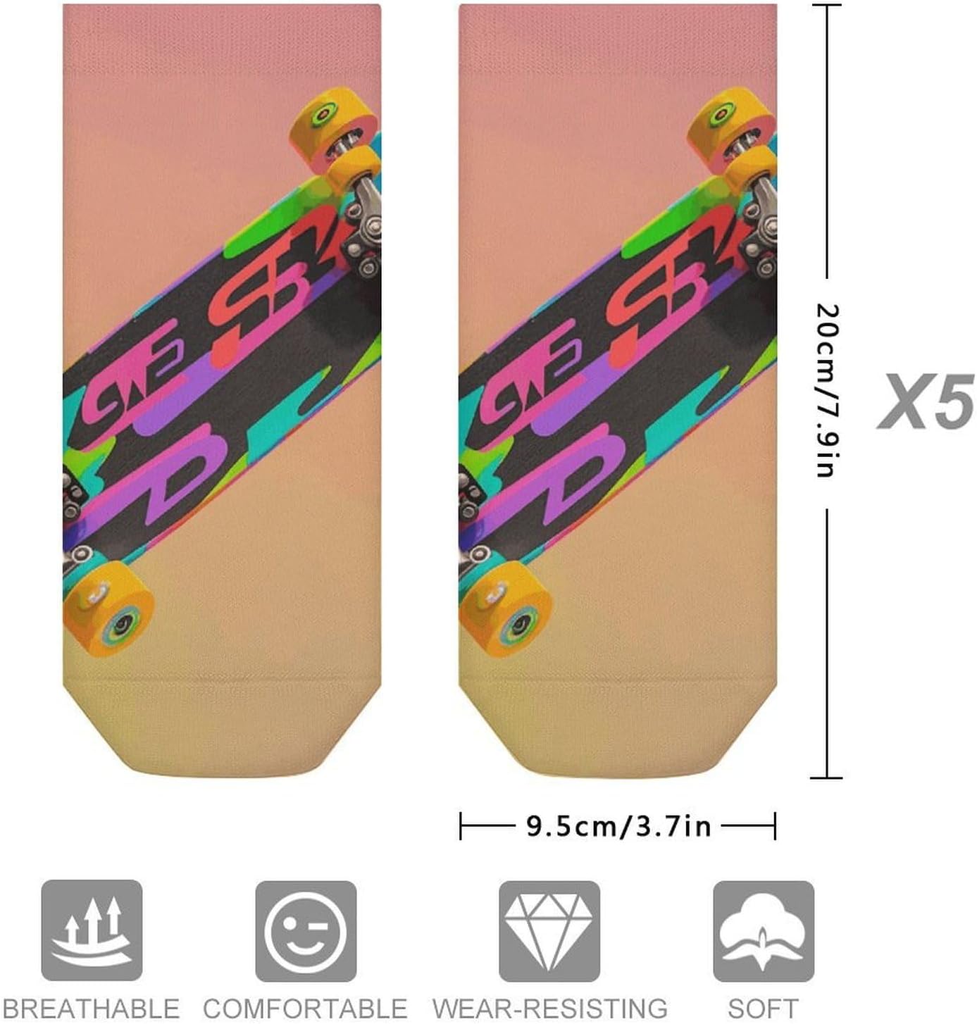 3D Colorful Skateboarding 5 Pairs Athletic Socks, Breathable Short Socks