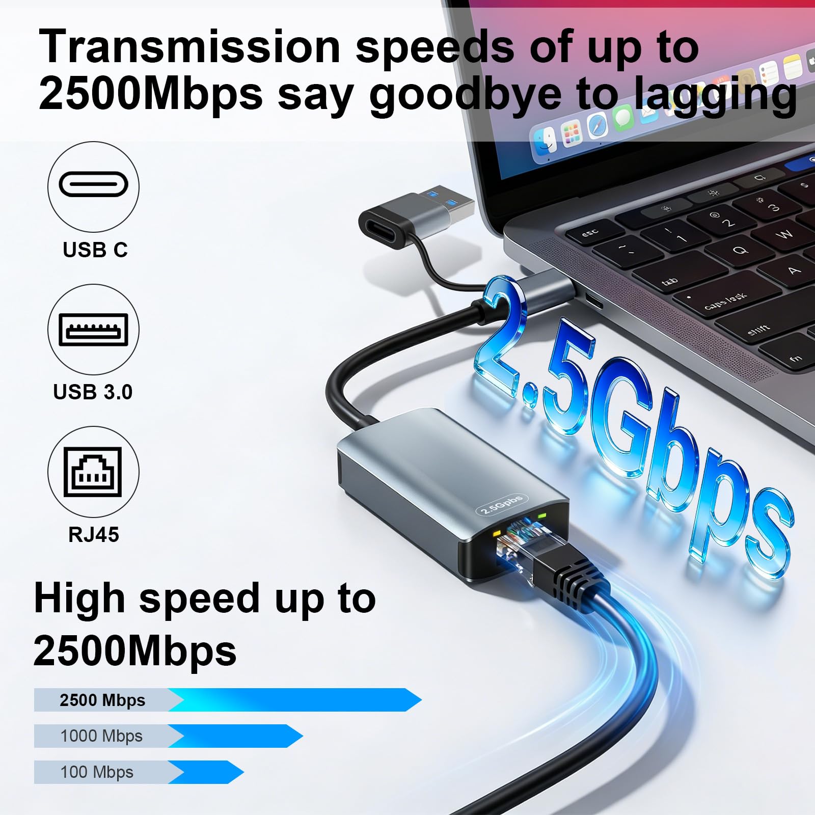Adattatore USB Ethernet 2500Mbps,2 in 1 Adattatore Ethernet USB C,adattatore USb C EtherNet RJ45 2.5Gbps,uSb c ether net,adattatore eTher net USb per iPad/iPhone/MacBook/Mac/Surface/Windows/IOS/Linux