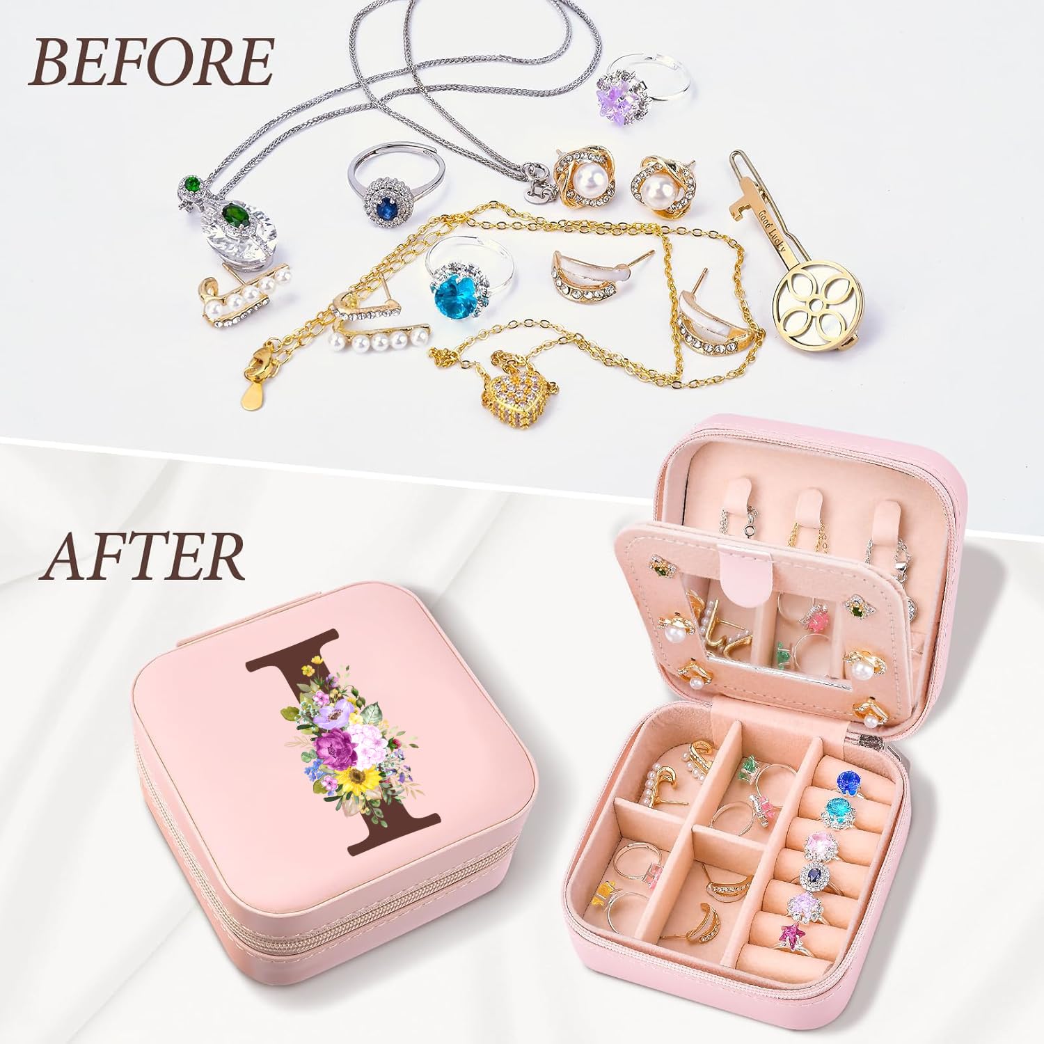 Piccoli Scatola Portagioie da Viaggio con Specchio, Mini Porta Gioielli da Viaggio con Lettera Iniziale N, Gioielli Pelle PU Portagioie Organizer Regalo di Compleanno per Donne Ragazze, Rosa