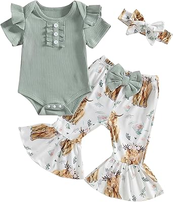 ZAXARRA Newborn Baby Girls Outfit Flying Sleeve Crew Neck Romper Floral Flared Pants Headband Cute Casual Clothes Set