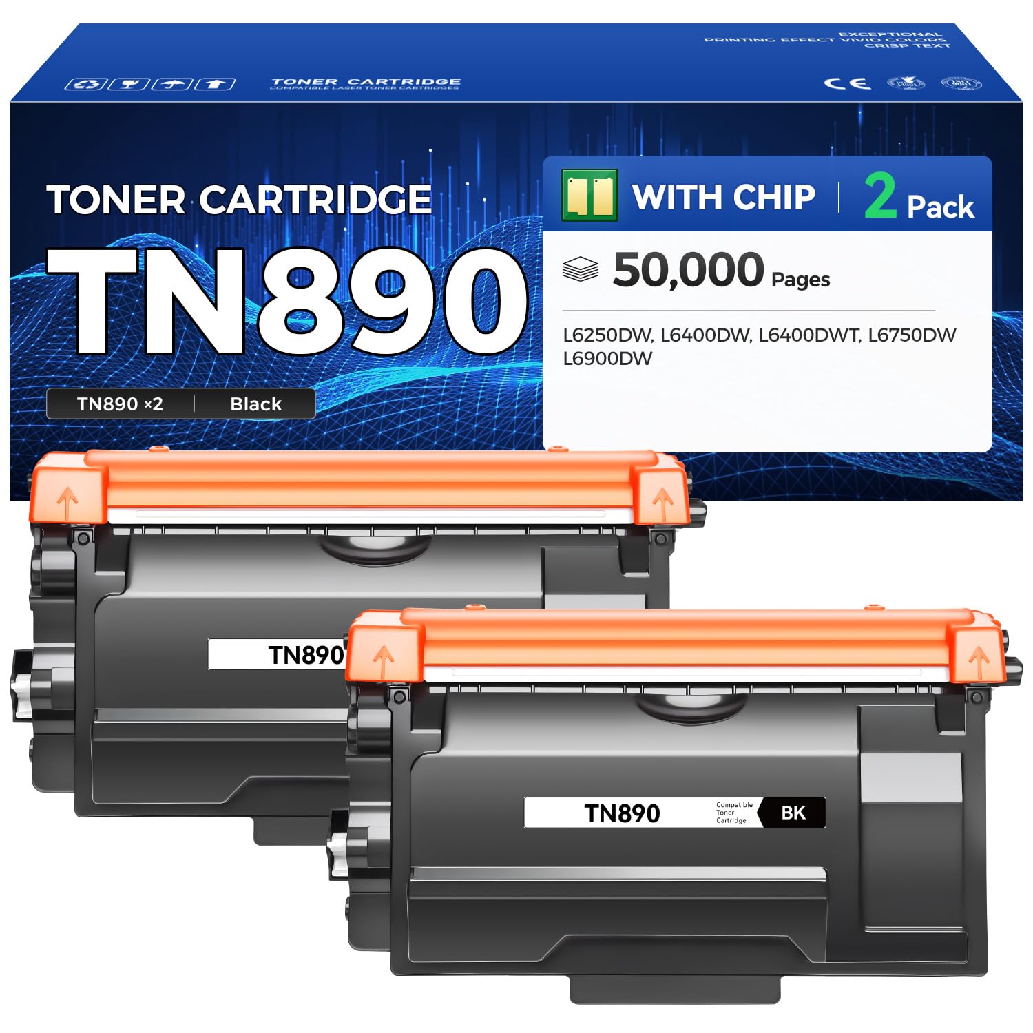 TN890 Toner Cartridge Ultra High Yield Black 2-Pack Replacement for Brother TN-850 TN880 TN-890 Compatible with HL-L6250DW HL-L6400DW HL-L6400DWT MFC-L6750DW MFC-L6900DW Printer Ink