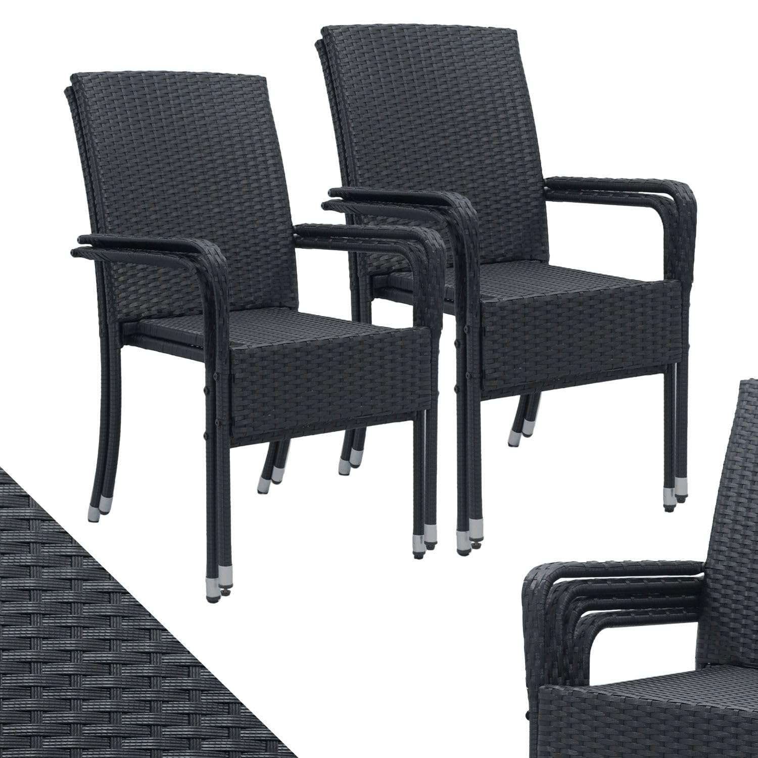 Juskys Yoro 4er-Set Polyrattan Gartenstühle mit Armlehnen und Rückenlehne – stapelbar, Schwarz