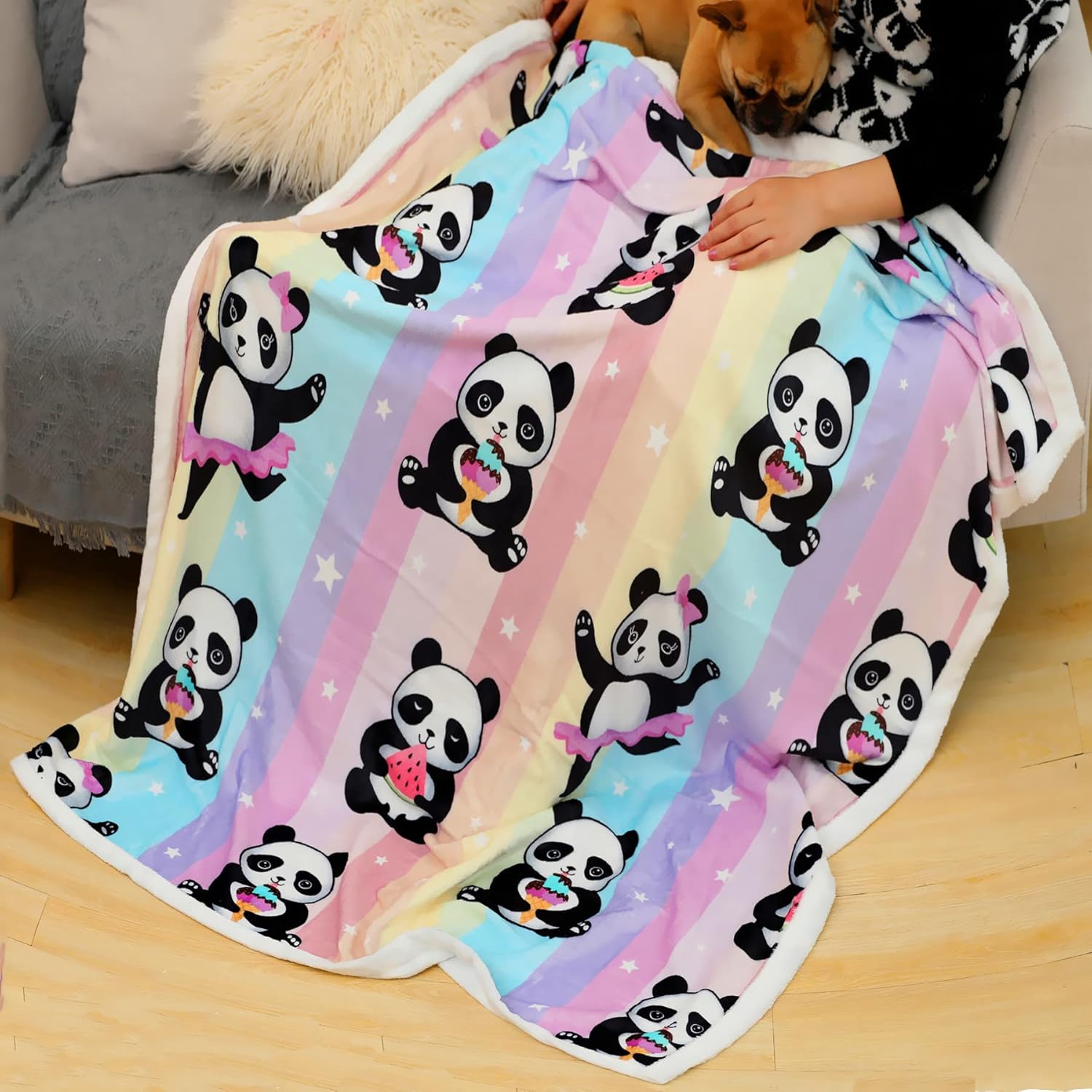 Panda Pattern Flannel Blanket - Super Soft Rainbow Cozy Throw for Girls Kids Teens, Lightweight, Cute Bedding for Home Bedroom Sofa Couch Gift for Pandas Lover (Food Panda, 50x60 Inches) - Image 2