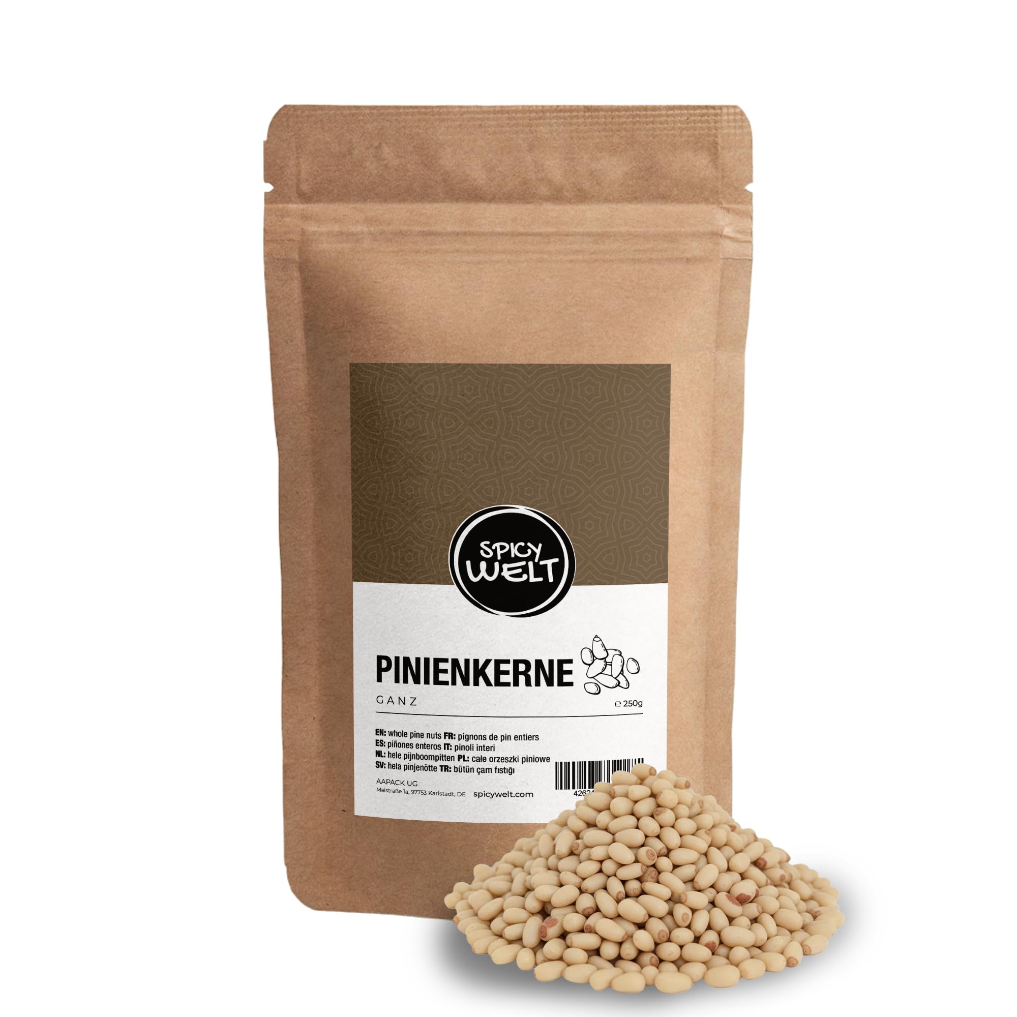 Spicy Welt Pinienkerne Ganz (250g) – Baby Pinienkerne für Pesto, Pasta, Salat, Backen und Mediterrane Küche | Ungesalzen, Nussig und Vielseitig | 100% Naturrein, Ohne Zusätze