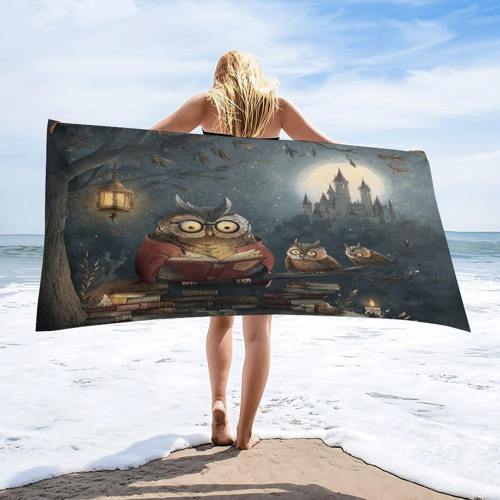 Luyysky Rustic Abstract Cute Owl Quick-Drying Beach Towel, Funny Watercolor Full Moon Starry Sky Galaxy Castle Animal Owls Travel Vacation Single Sided Pile Bathroom Towels-80 W Cm X 160" L Cm