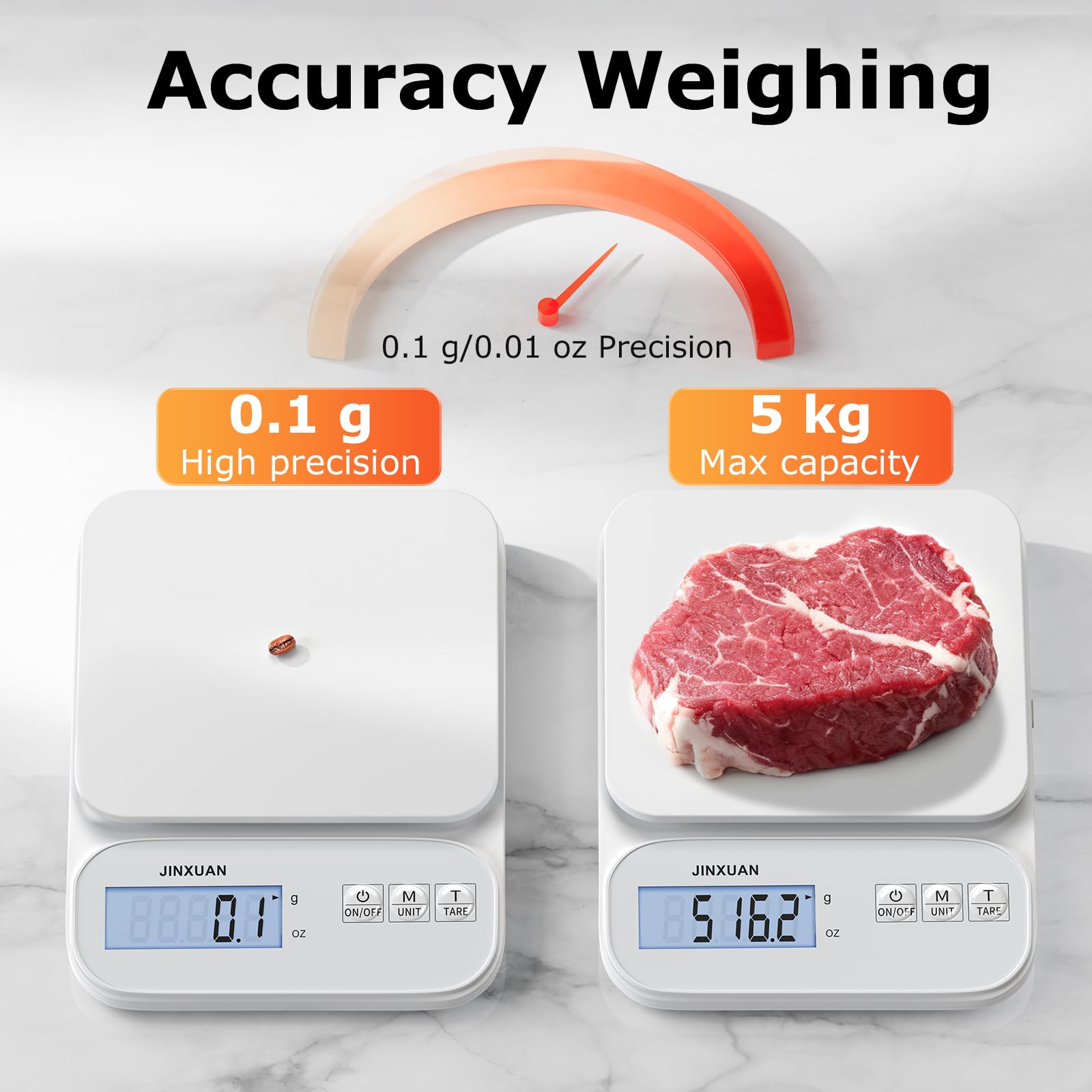 Küchenwaage, 5 kg/0,1 g, präzise wiederaufladbare digitale Waage, Gramm, Lebensmittelwaage für Küche, großes LCD-Display zum Backen, Kochen, Weiß