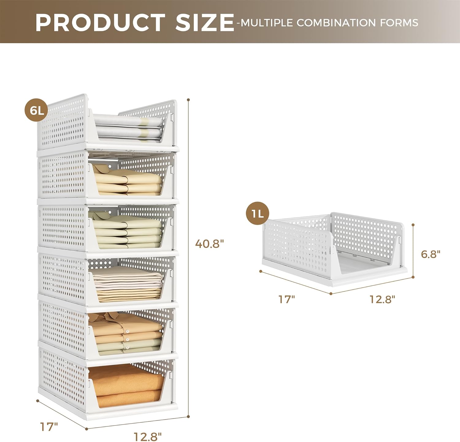 Pinkpum 6 Pack Closet Organizers Storage Bins, Stackable Plastic Drawer Basket for Clothing, Stackable Storage Bins Shelf Storage Container for Closet Wardrobe Bedroom Bathroom Office White - Image 2