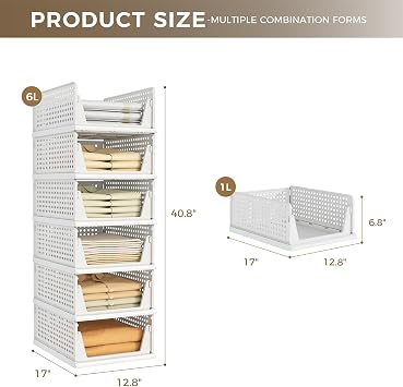 6 Pack Closet Organizer Storage Bins Stackable Plastic Drawer Shelf | Basket for Clothing Stackable Storage Bins Shelf Storage Container for Closet Wardrobe Bedroom Bathroom Office White Foldable