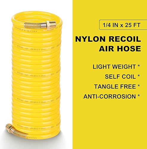Miniatura 8 de Manguera de aire de nailon de retroceso de 14 pulgadas × 50 pies, accesorios de compresor de aire de latón NPT de 14 pulgadas, manguera de compresor