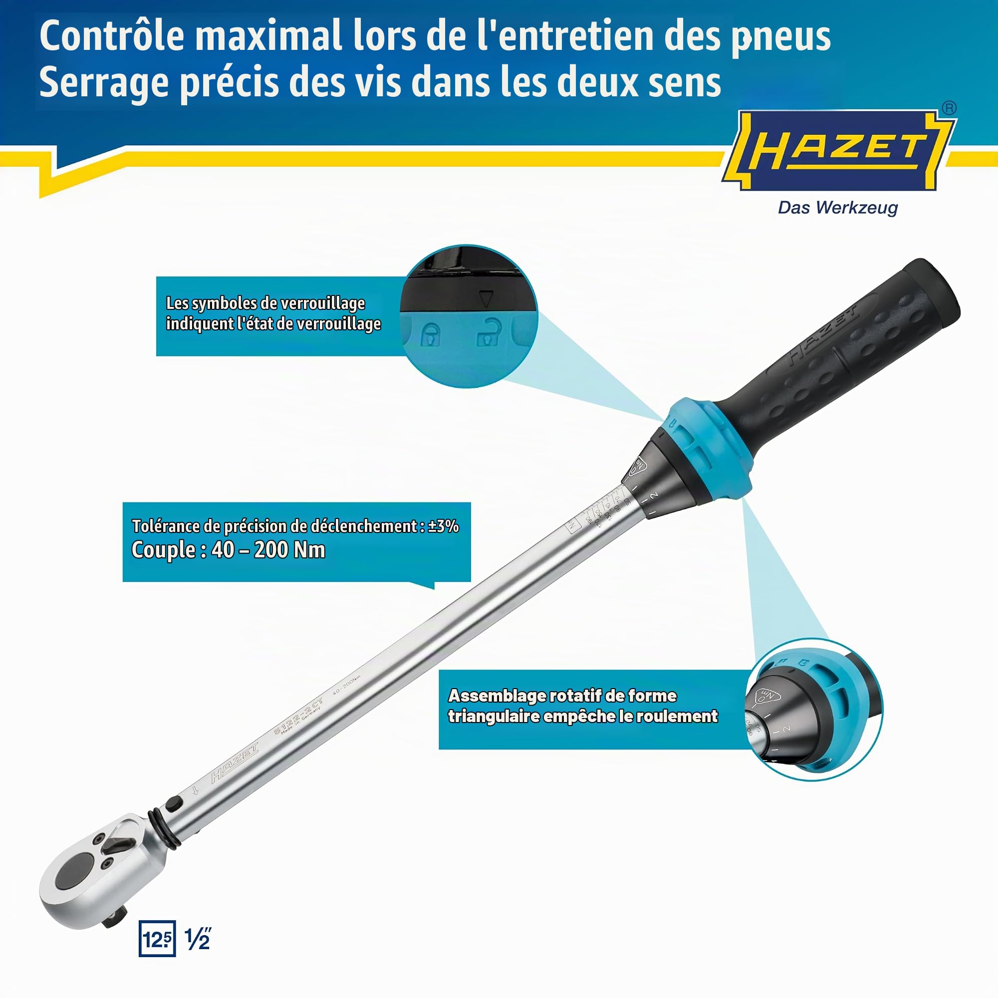 HAZET Clé dynamométrique 5122-2CT I Sortie : carré 12,5 mm, 1/2 pouce, tolérance : 4%, 32 dents I Cliquet réversible pour voiture et vélo I 519mm