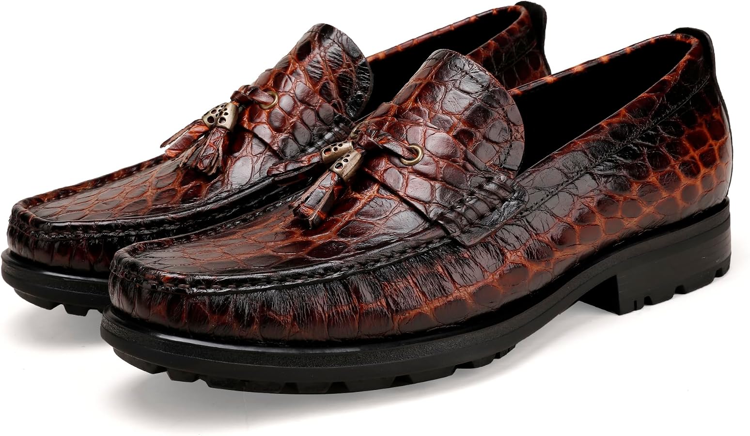 NWT Mens Sz 7 Golden Coxes Leather Loafer Classic Alligator Print Coffee Brown GOLDEN COXES FAMILY Leather Tassels Shoes for Mens, Classic  main image 3