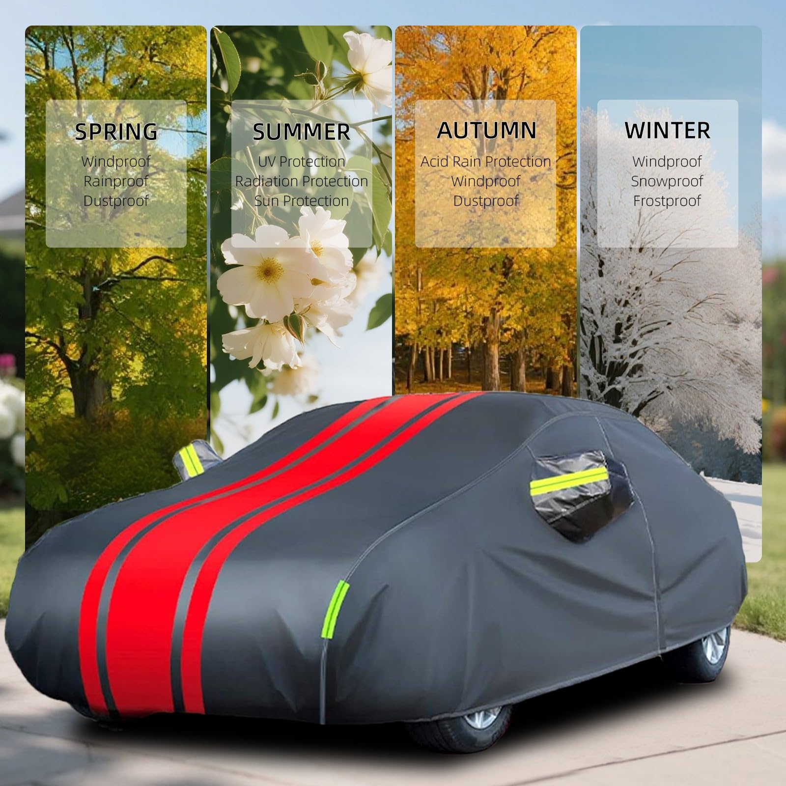 Auto Abdeckplane Winter für Tesla Model Y Juniper (2025) 210 Oxford-Tuch Wasserdicht und Atmungsaktiv,Sonne Regen Schnee Schutz,Winddichte Kordel,Schwarz und Rot