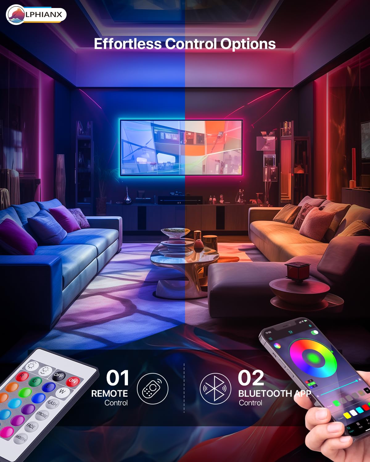 Lphianx LED Lights for TV, 16.4FT TV Led Lights for 65-75 inch, Cuttable, Music Sync Mode, Color Changing, Bluetooth APP Remote Control TV LED Strip Lights for Bedroom, Gaming Room and Desk