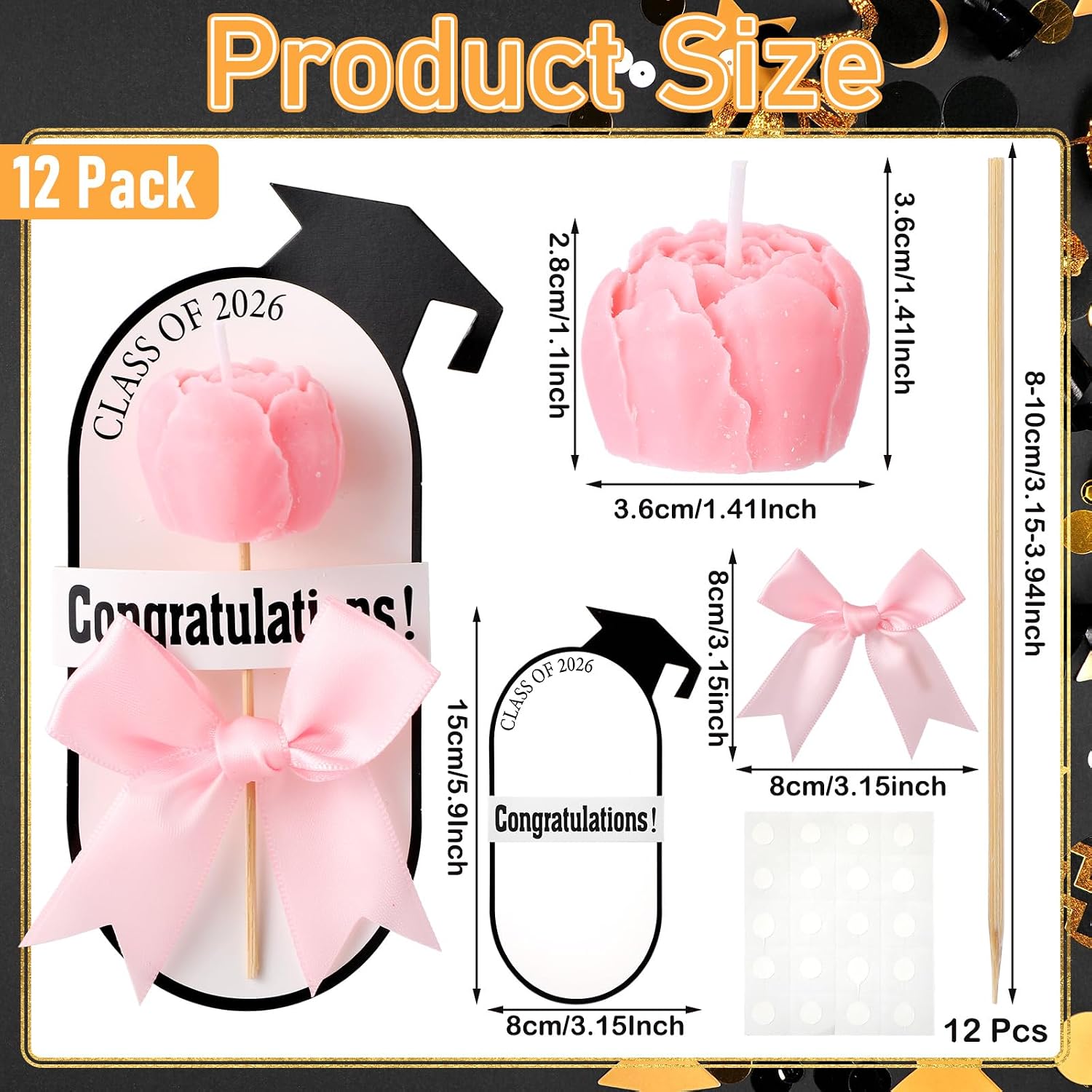 Sumind 12 Pack Pink Graduation Rose Candles Graduation Gifts Bulk End of Year Souvenirs Flower Bouquet Scented Soy Wax Candles with Greeting Cards Class of 2026 Gifts for Women College Graduate