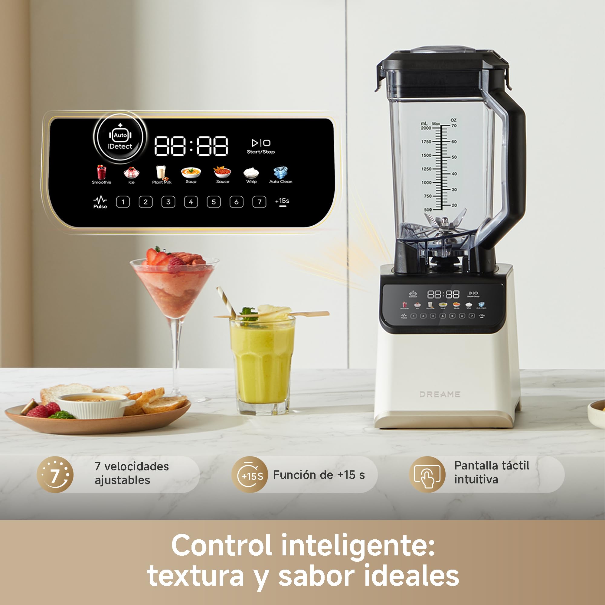 DREAME BlendLogic Blanco, Batidora de Vaso, Tecnología IDetect | 2 Vasos de Tritán (2,0 L + 700 ml), Potente Motor de 2000 W, 9 Programas Inteligentes, Programa de Autolimpieza