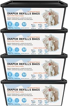 Diaper Pail Refills Bags with 30 Bags, Compatible with Genie Easy Roll Signature Diaper Pail and Platinum Diaper Pail, 7-Layer Odor-Barrier Technology, 4 Pack 120 Bag
