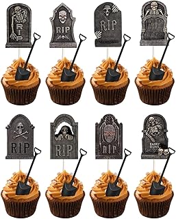 48PCS Halloween Cupcake Toppers with Novelty Mini Shovel Spoons,Tombstones Graveyard Cupcake Toppers Cake Decorations for ...