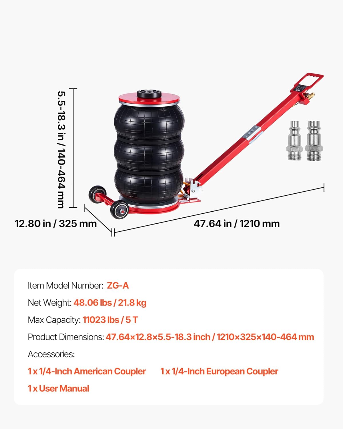VEVOR Air Jack, 5 Ton/11023 lbs Triple Bag Air Jack, Airbag with Six Steel Pipes, Lift Up to 18.3 inch/464 mm, 4-10 s Fast Lifting Pneumatic with Adjustable Long Handle for Cars, SUVs, Pickup Trucks
