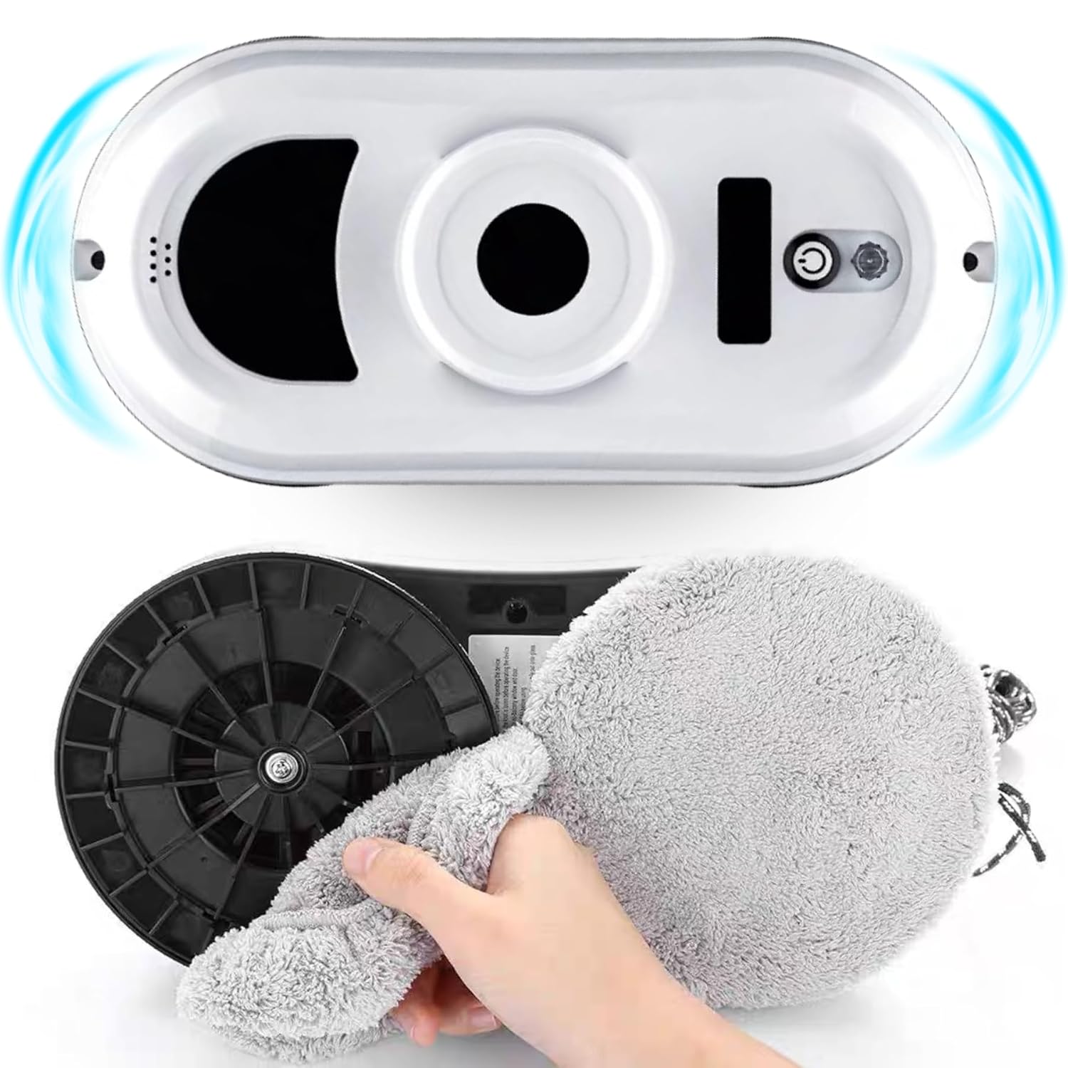 A dalt i a baix view del robot Bewinner HCR-01A, que mostra com fixar el coixinet de neteja de microfibra al disc giratori.